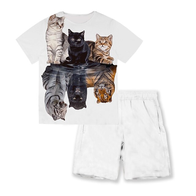 Baby & Kids Boys Clothing | Kids Boys T-shirt & Shorts Clothing Set 2 Pieces Short Sleeve White Cat Tiger Animal Print Street Sp