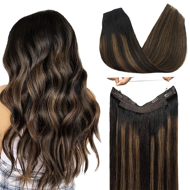  Human Hair Extensions Wire Hair Extensions Natural Black Mixed Brown 100g 10-26 Inch Real Wire Hair Extensions for Women Straight Hair Extensions Fish Line Hair Extensions