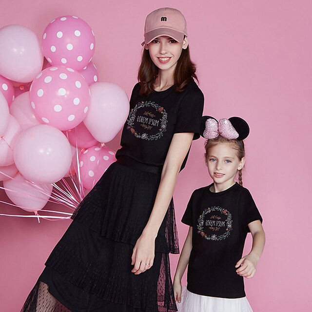 Baby & Kids Matching Outfits | Mommy and Me T shirt Tops Floral Letter Daily Print Black Pink Wine Short Sleeve Basic Matching O