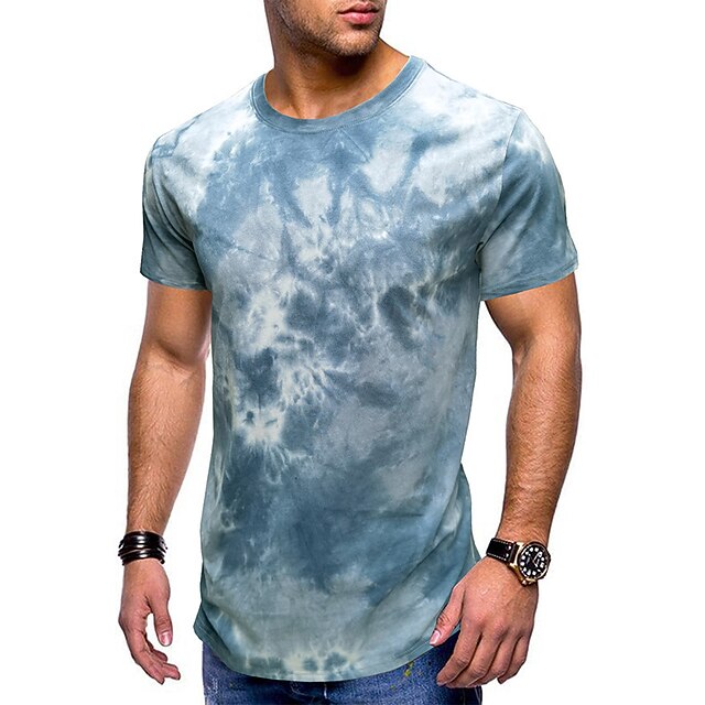  Herre T-shirt Kortærmet Rund hals Sommer Batikfarvet Mode Klassisk Bekvem Gade Afslappet Sport Sort Blå Dusty Blue Top T-shirt til mænd