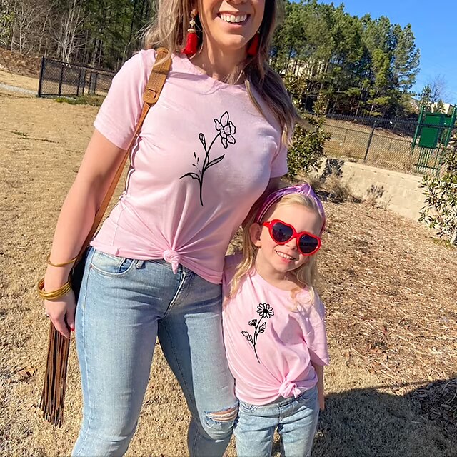 Baby & Kids Matching Outfits | Mommy and Me T shirt Tops Floral Causal Print Pink Red Short Sleeve Adorable Matching Outfits - Z