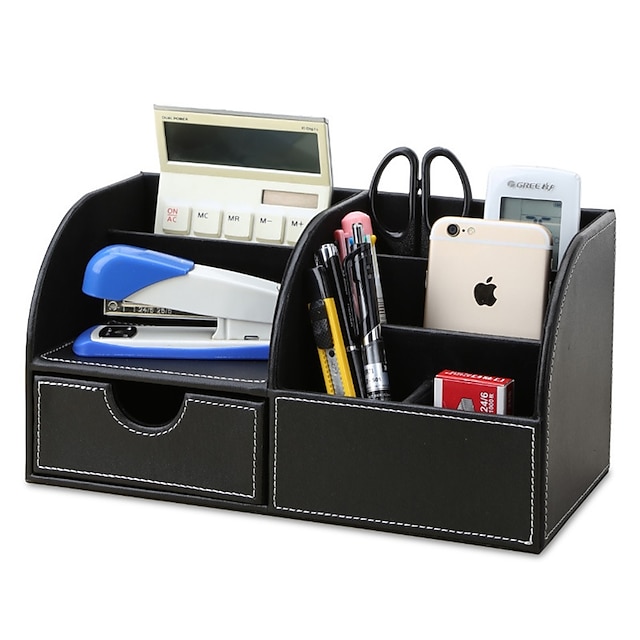 Consumer Electronics Stationery | Pen Holder Cup Multifunction Big Capacity With Drawer PU Leather for Office Men Home - KG12397