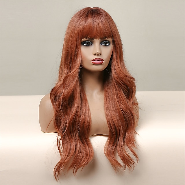 Beauty & Hair Wigs & Hair Pieces | HAIRCUBE Long Wavy Auburn/Ombre Brown/Ash Brown/Dark Brown/Dark Synthetic Wigs with Bangs Nat