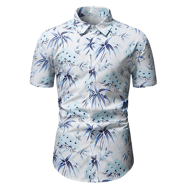 Mens Clothing Mens Shirts | Mens ShirtLeaves Plus Size Turndown HolidayShort Sleeve Tops Casual Classic Light Blue - QZ24806