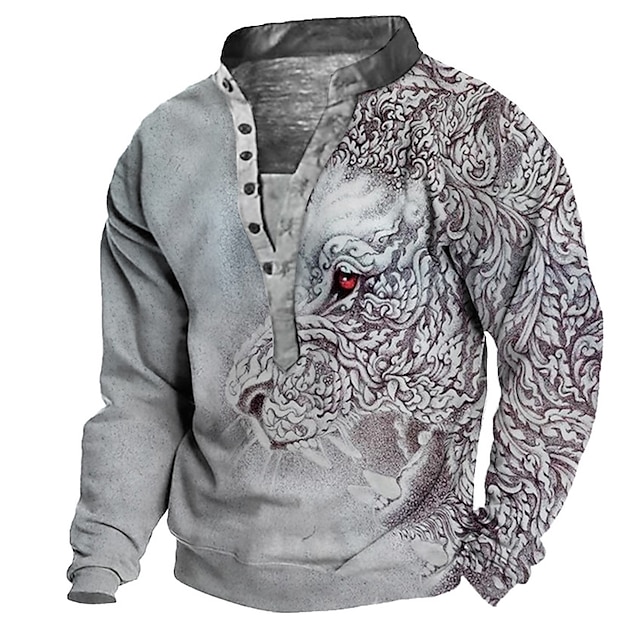  Men's Sweatshirt Pullover Print Streetwear Designer Casual Graphic Animal Graphic Prints khaki Gray Print Standing Collar Casual Daily Sports Long Sleeve Clothing Clothes Regular Fit