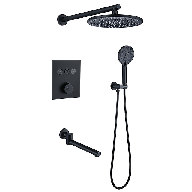  10 Inch Round Shower Faucets Sets,3-Function Matte Black / Chrome Complete with Brass Shower Head and Solid Brass Handshower Mount Inside Rainfall Shower Head System