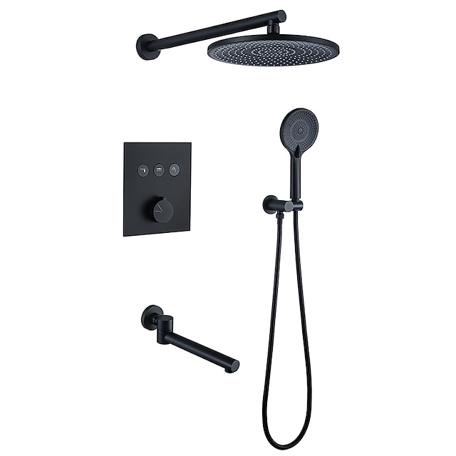  Ensembles de robinets de douche ronds de 10 pouces, noir mat / chrome à 3 fonctions avec pommeau de douche en laiton et support de douchette en laiton massif à l'intérieur du système de pommeau de douche à effet pluie