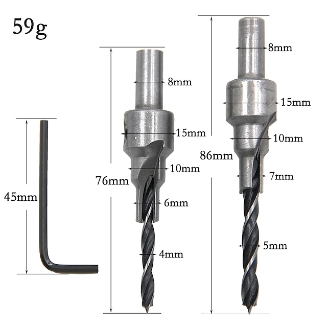  2本/セットドリルビットセット皿穴2枚刃3段4mm/6mm 5mm/7mmウッドリーマー木工面取りキット用電動工具