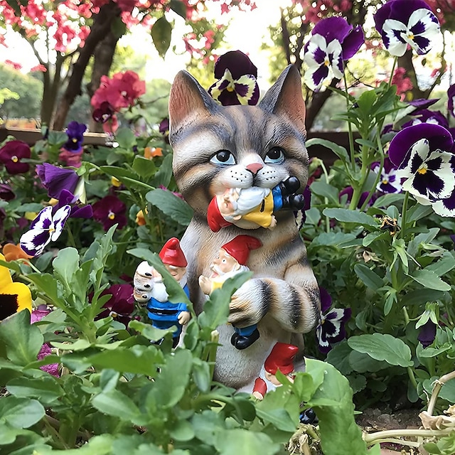  פסלון גמדים בגן חתול שובב - תפאורה הטובה ביותר לבית חיצוני או למשרד פסל לפטיו דשא קישוט חצר מתנה לחנוכת בית