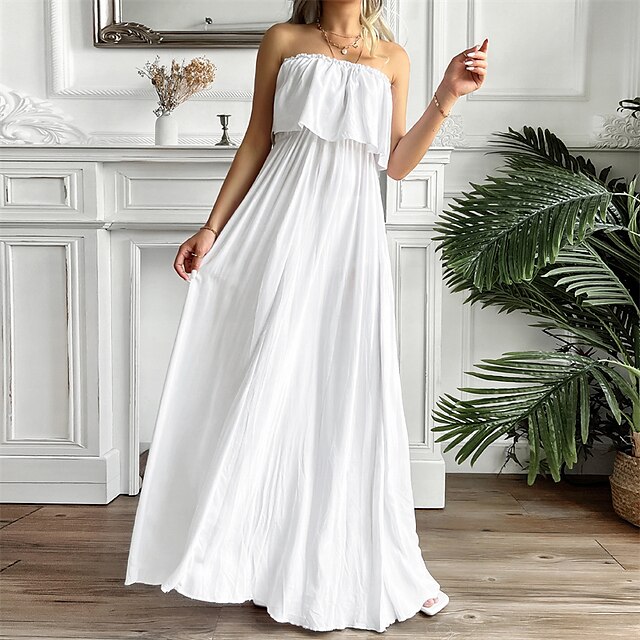 Womens Clothing Womens Dresses | Womens Shift Dress Maxi long Dress White Wine Sleeveless Pure Color Backless Ruffle Cold Should