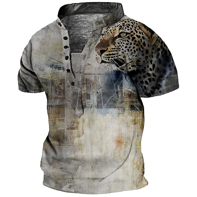  Men's Henley Shirt Tee T shirt Tee 3D Print Graphic Patterned Leopard Animal Plus Size Stand Collar Daily Sports Button-Down Print Short Sleeve Tops Designer Basic Casual Big and Tall Yellow / Summer