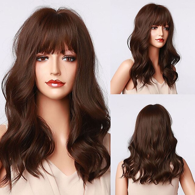 Beauty & Hair Wigs & Hair Pieces | HAIRCUBE Long Wavy Auburn/Ombre Brown/Ash Brown/Dark Brown/Dark Synthetic Wigs with Bangs Nat