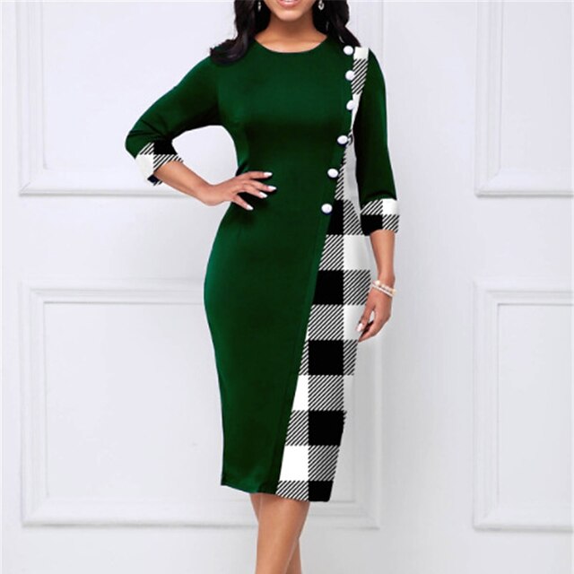 Womens Clothing Womens Dresses | Womens Bodycon Midi Dress Green 3/4 Length Sleeve Plaid Button Print Spring Summer Round Neck E