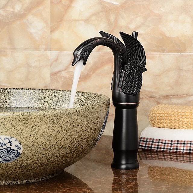  レトロなバスルーム シンク ミキサー蛇口真鍮スワン シャップ、モノブロック洗面台洗面台シングル ハンドル 1 穴デッキ マウント、モノウォーター ベッセル タップ ホット アンド コールド ホース アンティーク