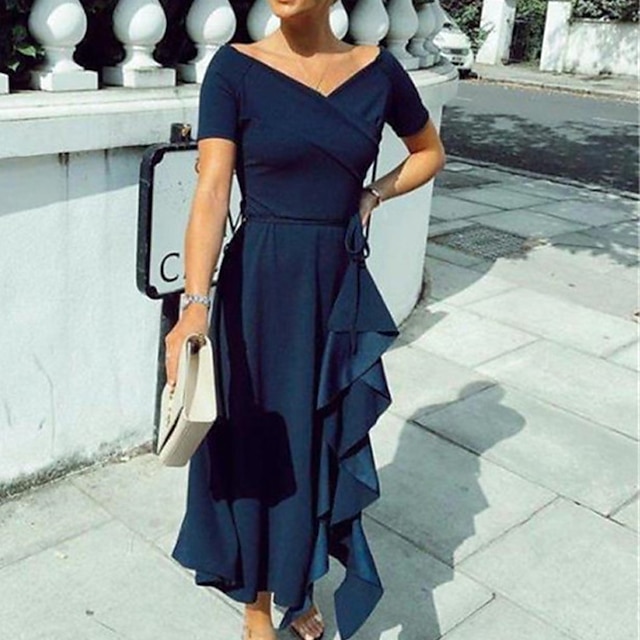 Womens Clothing Womens Dresses | Womens A Line Dress Midi Dress Blue Red Short Sleeve Pure Color Backless Ruffle Spring Summer O