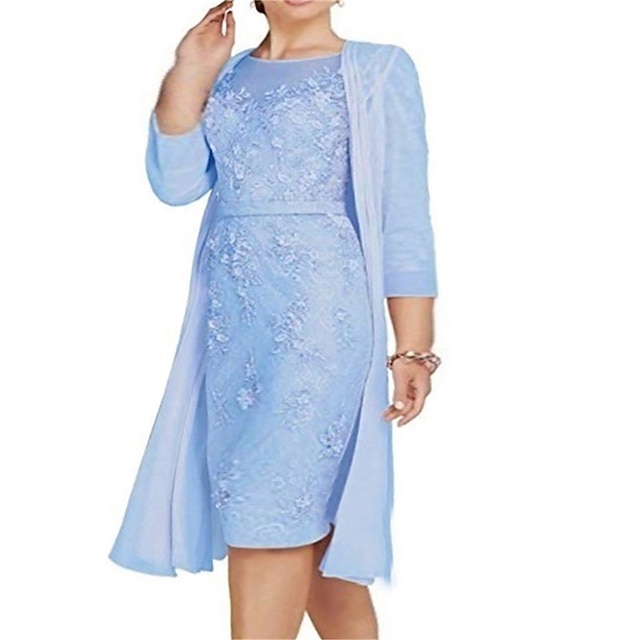 Womens Clothing Plus Size Collection | Womens Plus Size Sheath Dress Solid Color Round Neck Lace 3/4 Length Sleeve Spring Summer