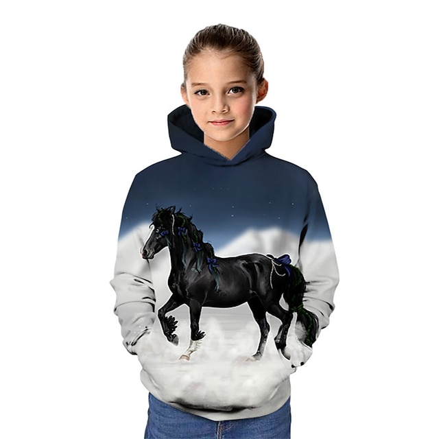  dětský dívčí kůň s grafikou 3D mikina a mikina s dlouhým rukávem zvířecí potisk tmavě modré dětské topy aktivní škola