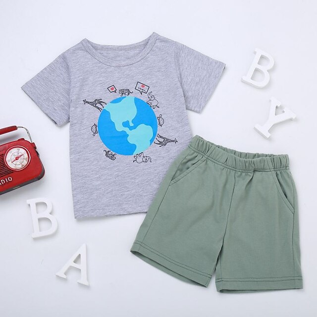 Baby & Kids Boys Clothing | Kids Boys T-shirt & Shorts Clothing Set 2 Pieces Short Sleeve Gray Animal Vacation Casual Daily 2-6 