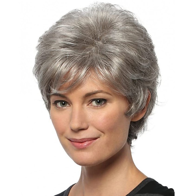  Pixie Cut Wigs Short Gray Wigs Pixie Cut Wig with Bangs Sliver Grey Wavy Layered Synthetic Hair Wig Natural Looking