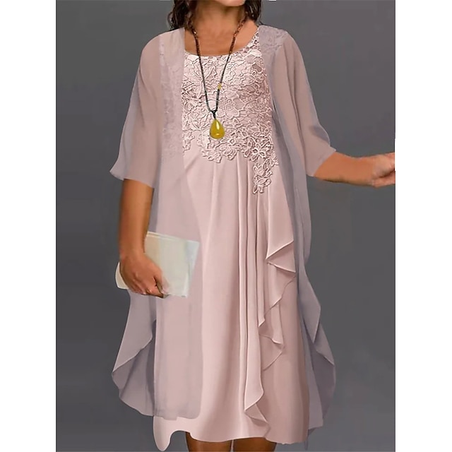 Womens Clothing Plus Size Collection | Womens Plus Size A Line Dress Solid Color Round Neck Lace Half Sleeve Spring Summer Work 