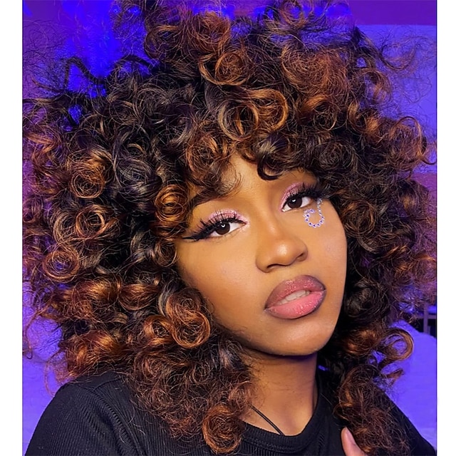 Short Curly Wigs for Black Women Soft Black Big Curly Wig with Bangs ...