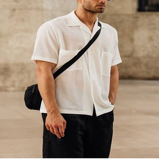 Mens Clothing Mens Shirts | Mens Shirt Solid Color Turndown Street Casual Button-Down Short Sleeve Tops Casual Fashion Breathabl