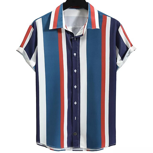 Mens Clothing Mens Shirts | Mens Shirt Striped Turndown Street Casual Button-Down Short Sleeve Tops Casual Fashion Breathable Co