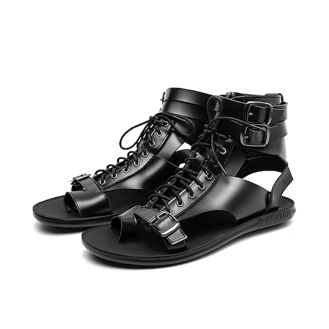  Pánské Sandály Ploché sandály Římské boty rybáři sandály Chůze Na běžné nošení Sportovní Kůže Šněrování Černá Bílá Léto