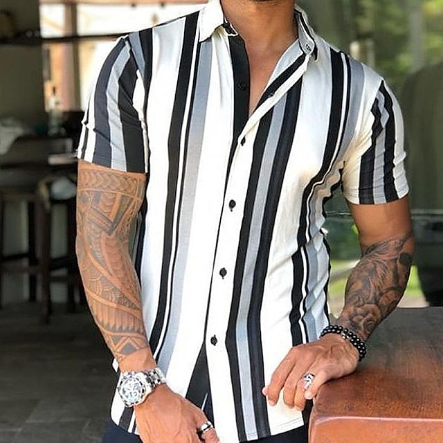  Men's Shirt Button Up Shirt Summer Shirt Black / White Short Sleeve Striped Turndown Outdoor Street Button-Down Clothing Apparel Fashion Casual Breathable Comfortable