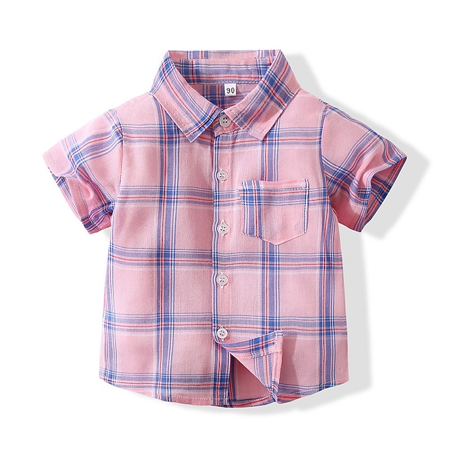 Baby & Kids Boys Clothing | Toddler Boys Shirt Short Sleeve Plaid Green Pink Children Tops Summer Daily Daily Regular Fit 1-5 Ye