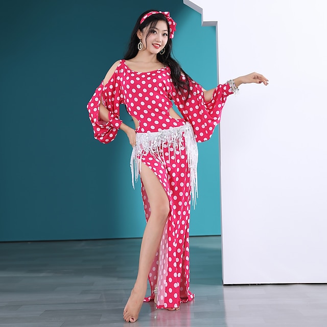  Danse du ventre Robe Noeud Creuse Femme Entraînement Utilisation Manches Longues Taille haute Soie Glacée