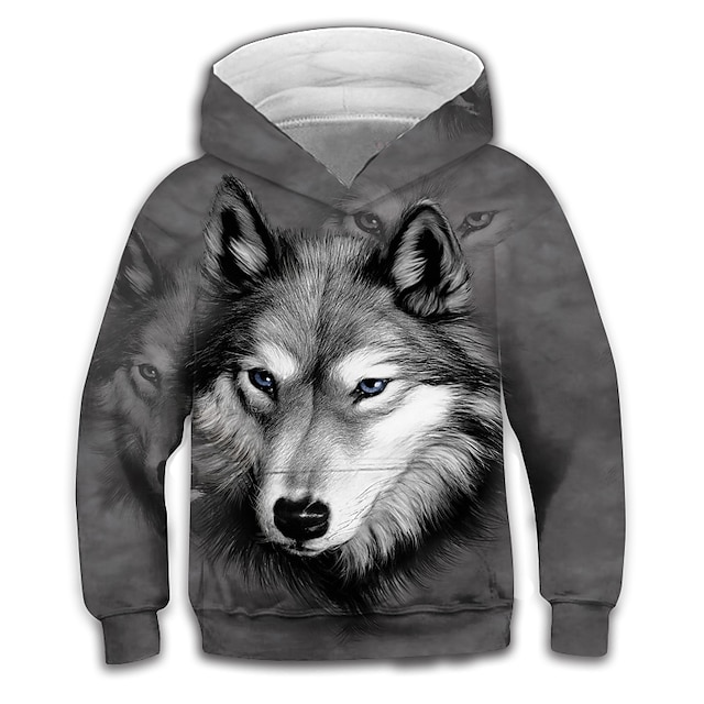  Kids Boys Hoodie Long Sleeve 3D Print Wolf Animal Pocket Gray Children Tops Spring Active Fashion Daily Daily Indoor Outdoor Regular Fit 3-12 Years