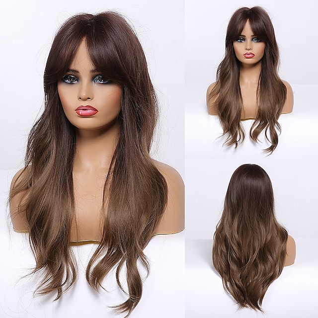 Beauty & Hair Wigs & Hair Pieces | HAIRCUBE Long Wavy Auburn/Ombre Brown/Ash Brown/Dark Brown/Dark Synthetic Wigs with Bangs Nat