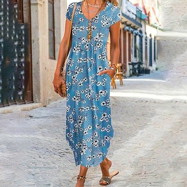 

Women's Swing Dress Maxi long Dress Blue Short Sleeve Floral Smocked Print Spring Summer V Neck Stylish Casual 2022 S M L XL XXL 3XL