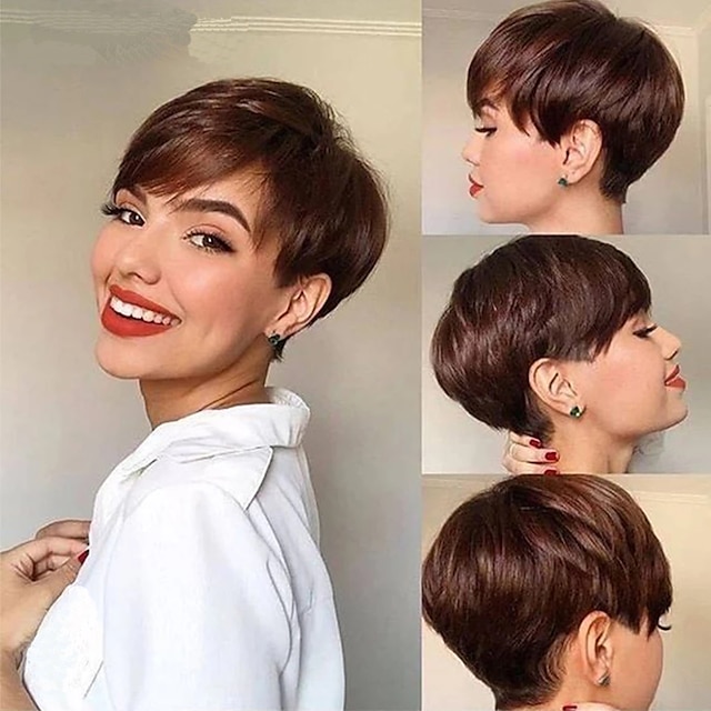  Pixie Cut Wig Human Hair For Women Short Straight Wig with Bangs None Lace Front Human Hair Wig for Women Brazilian Remy Human Hair Glueless Full Machine Made Wig 130% Density