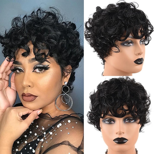 Human Hair Wig Full Machine Made With Bang Loose Curl Pixie Cut For Women 130 Brazilian Hair