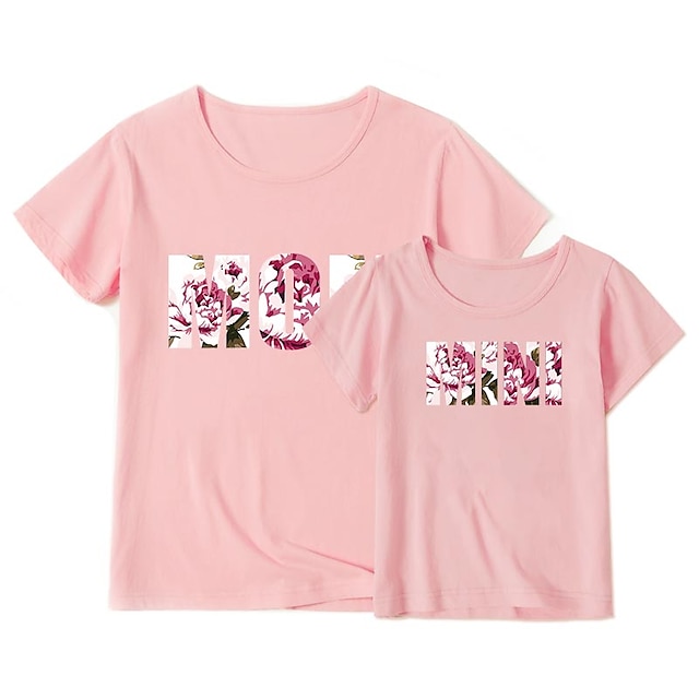 Baby & Kids Matching Outfits | Mommy and Me T shirt Tops Floral Letter Daily Print Black Gray Pink Short Sleeve Basic Matching O