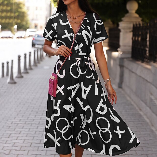 

Women's A Line Dress Knee Length Dress Black Short Sleeve Letter Print Spring Summer V Neck Work Casual Modern 2022 S M L XL XXL
