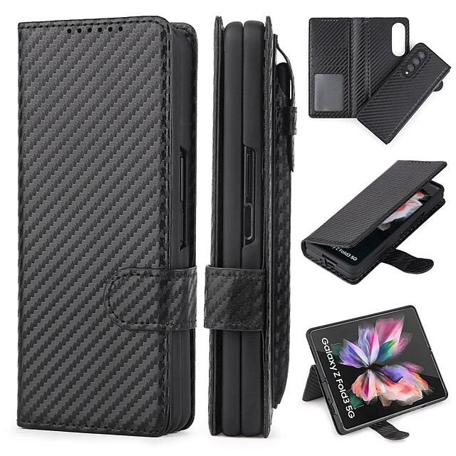 téléphone Coque Pour Samsung Galaxy Wallet Z Fold 3 Détachable Antichoc Emplacements pour porte-cartes Couleur Pleine Fibre de carbone faux cuir