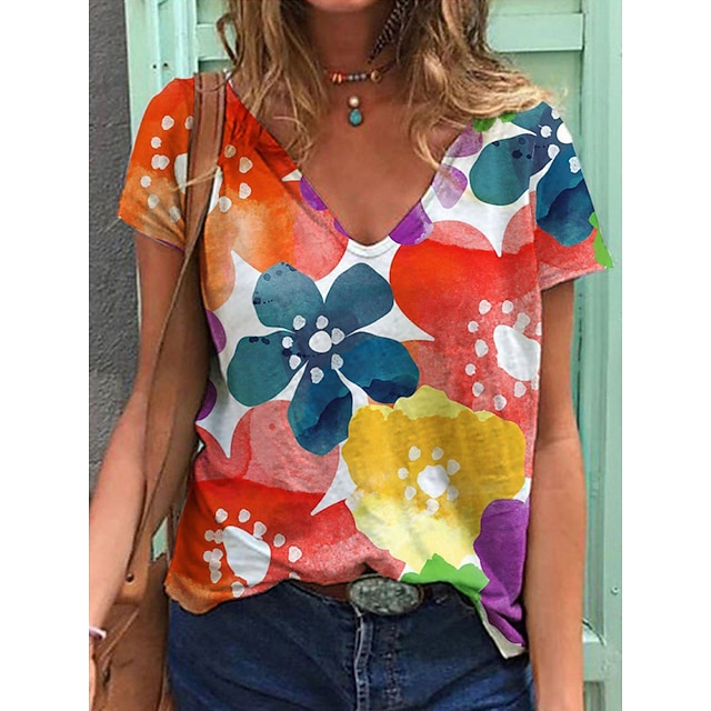 

Women's Cat Butterfly Painting T shirt Floral Cat Butterfly Print V Neck Basic Tops Green Purple Pink / 3D Print