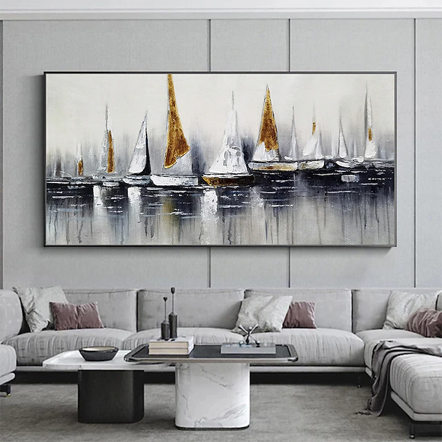Oil Painting 100% Handmade Hand Painted Wall Art On Canvas Abstract Horizontal Abstract Ocean Sailboat Landscape Modern Home Decoration Decor Rolled Canvas No Frame Unstretched 9