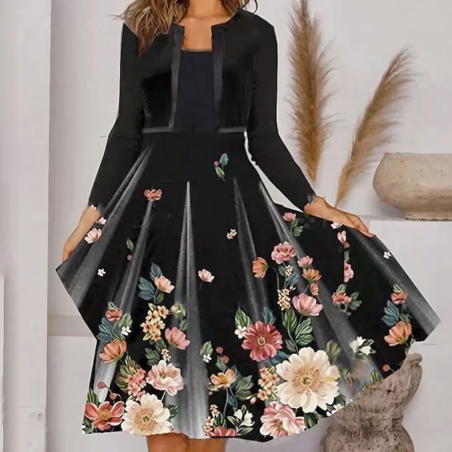  vestido preto feminino vestido de coquetel vestido casual conjunto de vestido de duas peças vestido midi manga comprida estampa floral primavera outono inverno gola redonda moda vestido de inverno