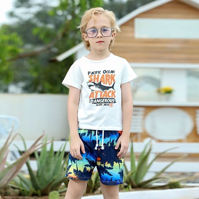 Baby & Kids Boys Clothing | Kids Boys T-shirt & Shorts Clothing Set 2 Pieces Short Sleeve White Gray Shark Vacation Casual Daily