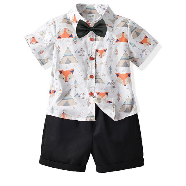 Baby & Kids Boys Clothing | Kids Boys Shirt & Shorts Clothing Set 2 Pieces Short Sleeve White Geometric Fox Bow Print Street Out