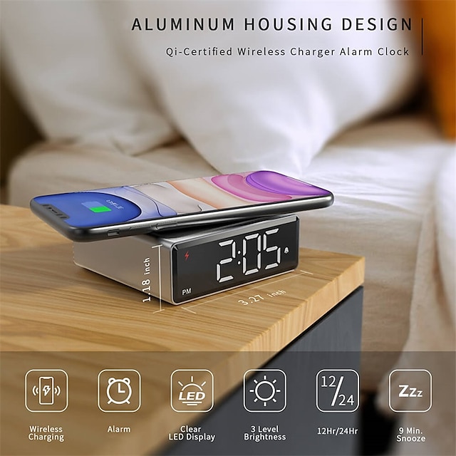  New aluminum shell wireless charging clock Creative multi-function wireless charger Portable LED digital alarm clock mute