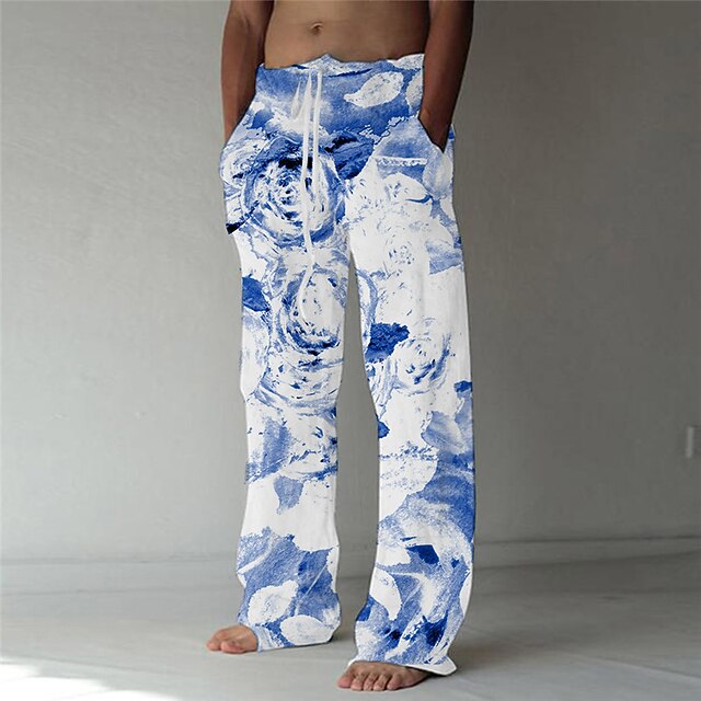 Men's Trousers Summer Pants Beach Pants Elastic Drawstring Design Front Pocket Straight Leg Graphic Prints Ink Painting Comfort Soft Casual Daily For Vacation Linen Like Fabric Fashion Designer Blue3