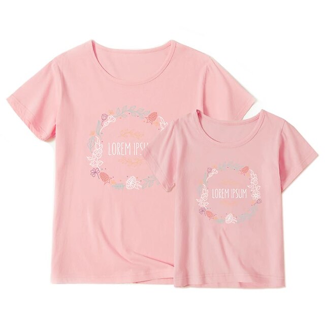 Baby & Kids Matching Outfits | Mommy and Me T shirt Tops Floral Letter Daily Print Black Pink Wine Short Sleeve Basic Matching O