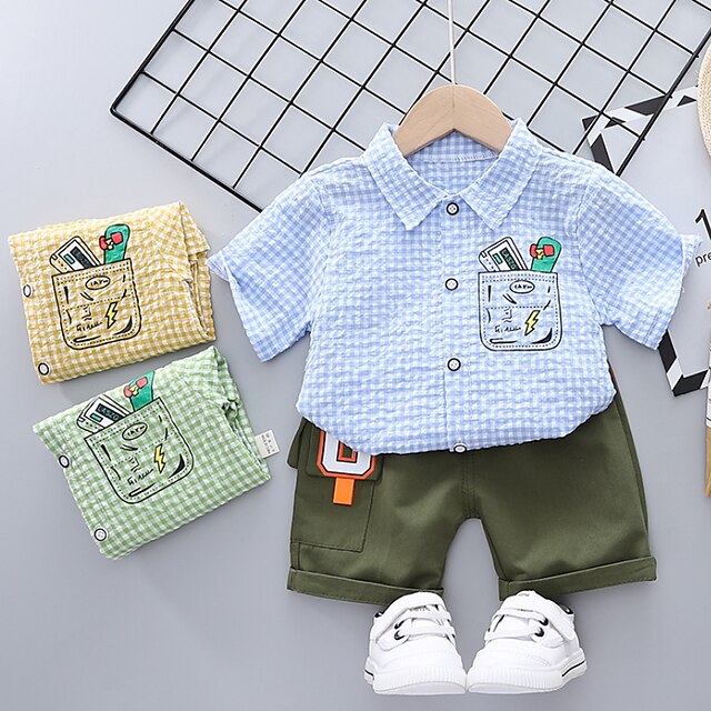 Baby & Kids Boys Clothing | Kids Boys Shirt & Shorts Clothing Set 2 Pieces Short Sleeve Green Blue Yellow Cartoon Plaid Ruched P