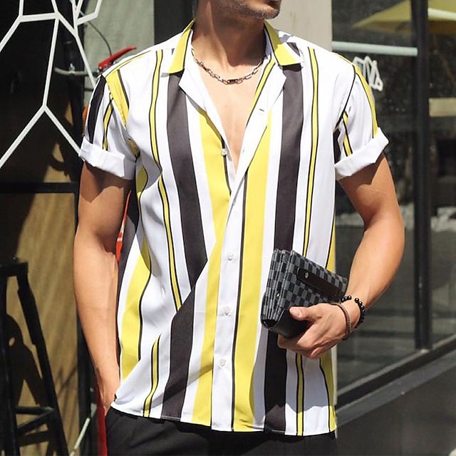 Mens Clothing Mens Shirts | Mens Shirt Striped Turndown Street Casual Button-Down Print Short Sleeve Tops Casual Fashion Streetw