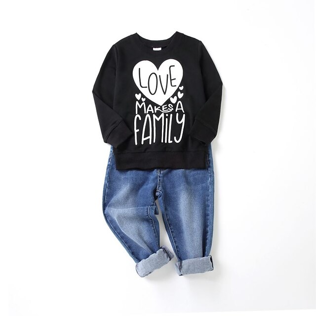 Baby & Kids Matching Outfits | Family Look T shirt Heart Letter Daily Print Black Long Sleeve Active Matching Outfits - ZR22879